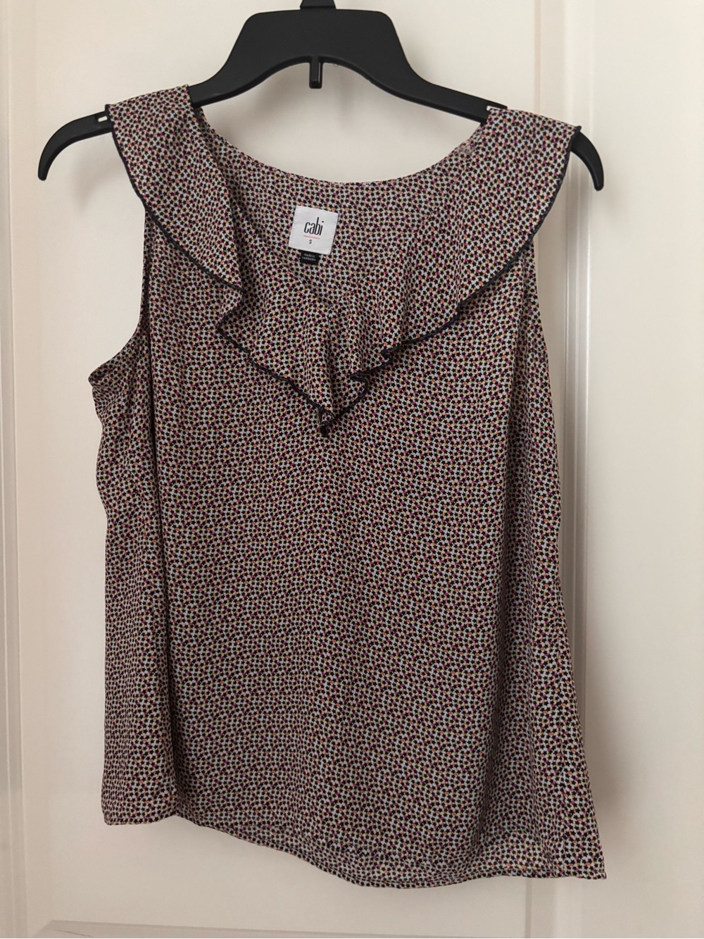 CAbi Ruffle-Neck Dot Print Camisole in Black, White & Red